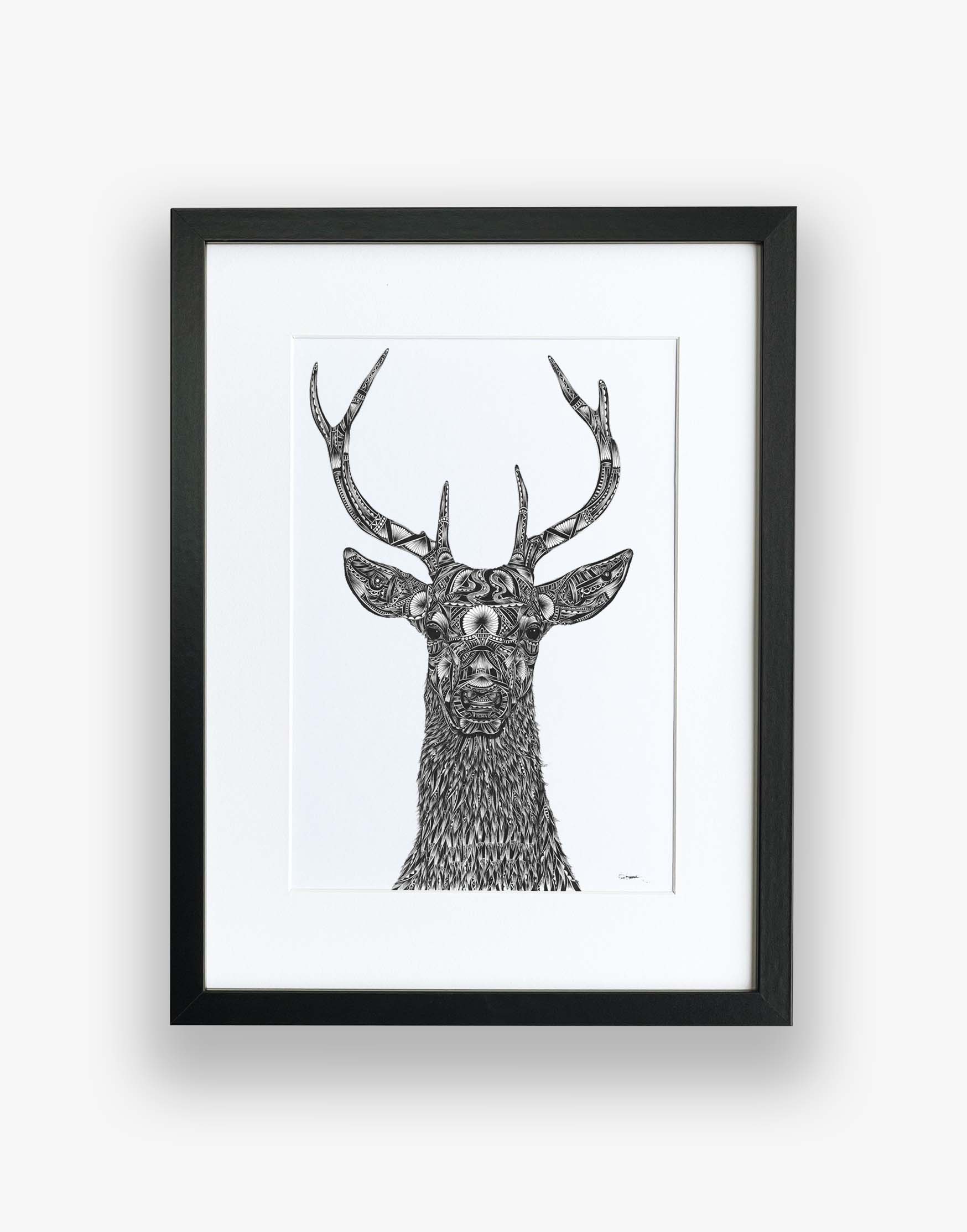 Monochrome stag limited edition artwork, hand drawn in pen and ink by Pia Elliot in her Dorset studio