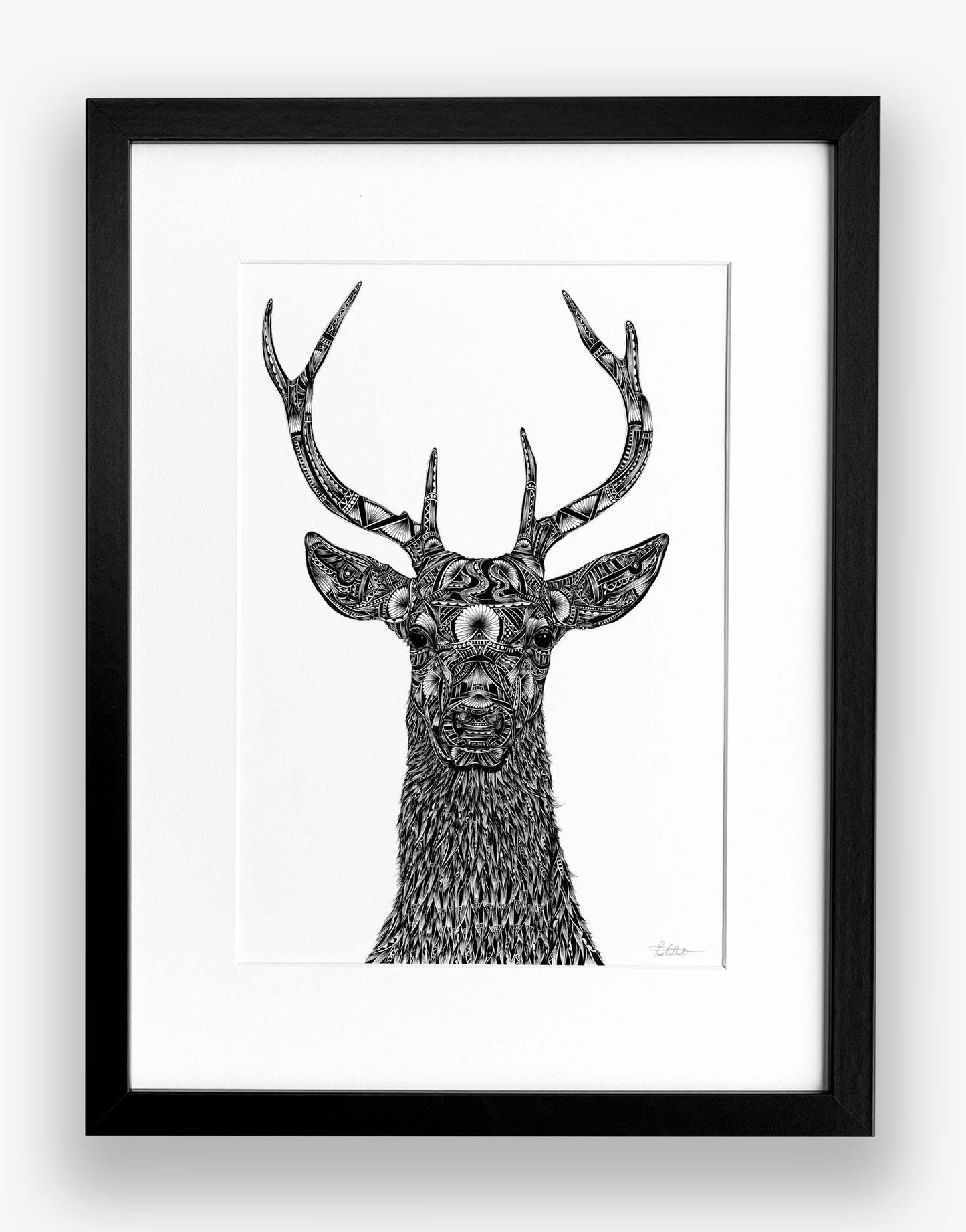 framed black and white artwork of a stag on a white background