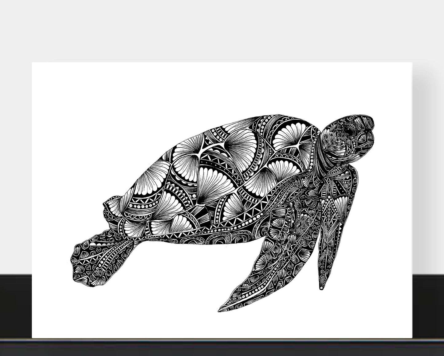Monochrome blank turtle greetings card originally hand drawn in pen and ink by Pia Elliot in her Dorset studio