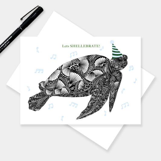 Whimsical turtle celebration greetings card originally hand drawn in pen and ink by Pia Elliot in her Dorset studio