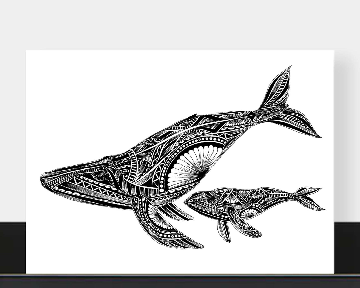 Monochrome blank whale and calf greetings card originally hand drawn in pen and ink by Pia Elliot in her Dorset studio