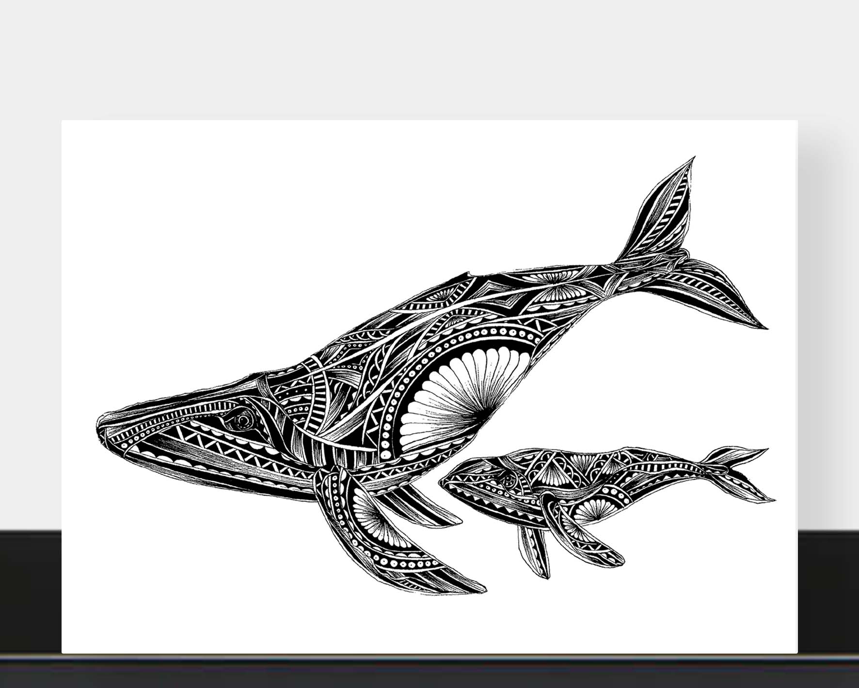 Monochrome blank whale and calf greetings card originally hand drawn in pen and ink by Pia Elliot in her Dorset studio