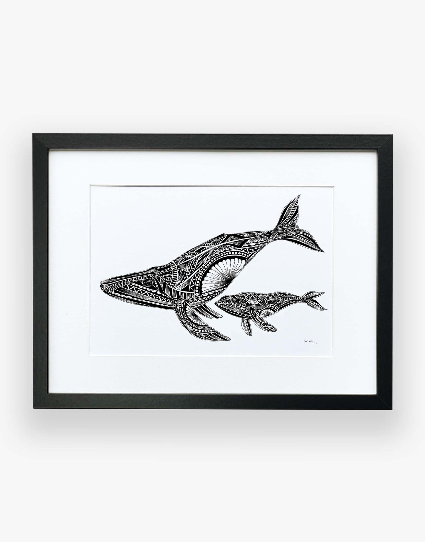 Monochrome, whale, limited edition artwork in black frame, hand drawn in pen and ink by Pia Elliot in her Dorset studio
