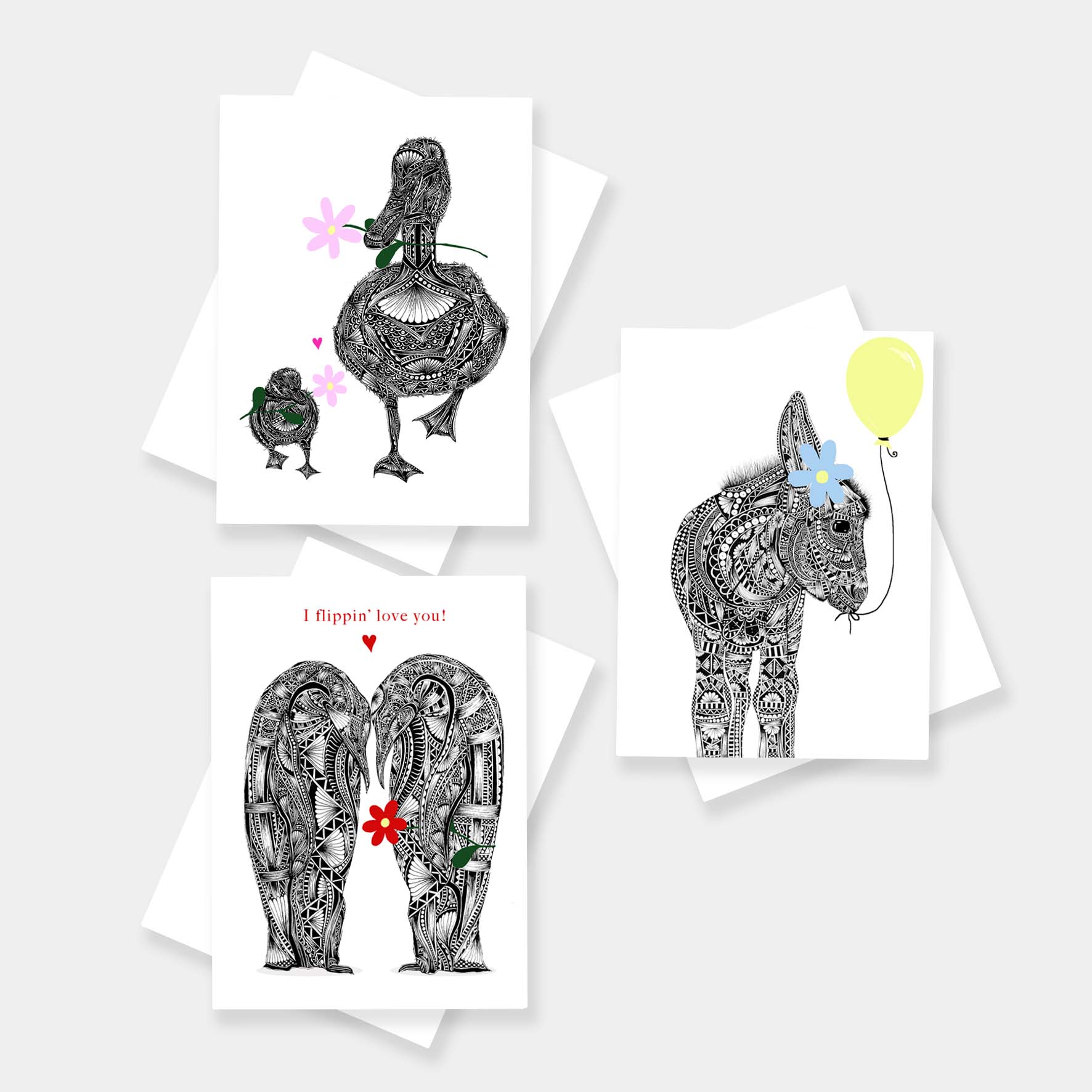 Whimsical animal celebration cards originally hand drawn in pen and ink by Pia Elliot in her Dorset studio