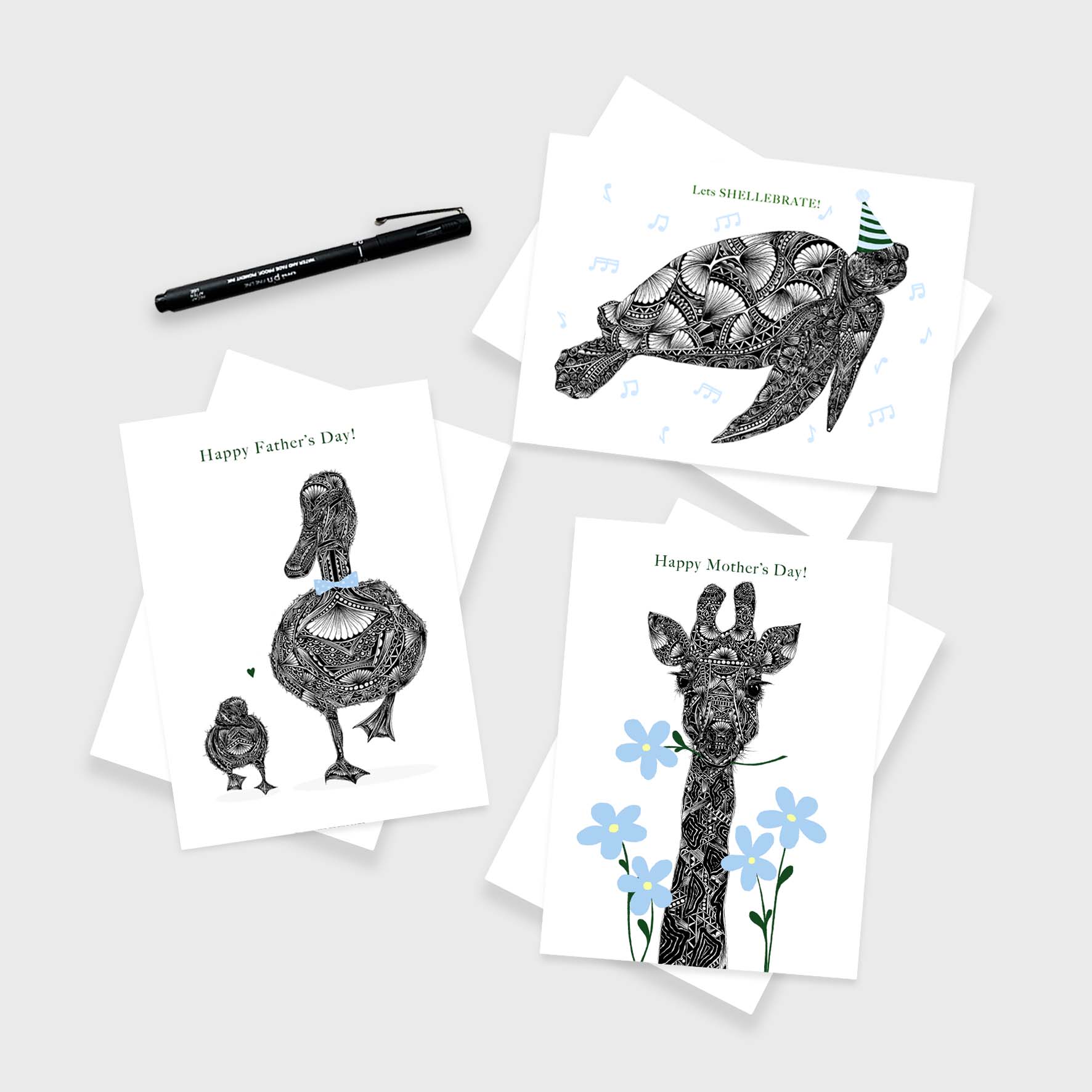 Whimsical animal greetings cards originally hand drawn in pen and ink by Pia Elliot in her Dorset studio