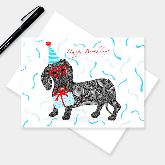 Whimsical dachshund birthday greetings card originally hand drawn in pen and ink by Pia Elliot in her Dorset studio