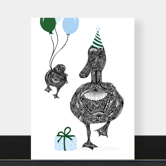 Whimsical duck birthday greetings card originally hand drawn in pen and ink by Pia Elliot in her Dorset studio