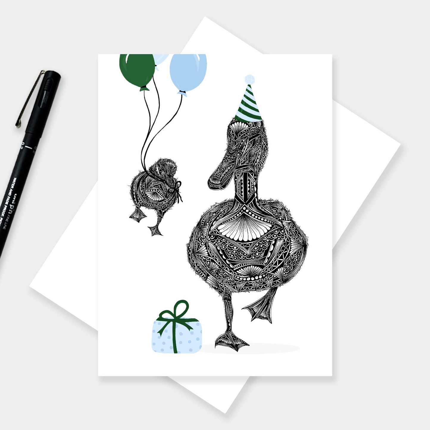 Whimsical duck birthday greetings card originally hand drawn in pen and ink by Pia Elliot in her Dorset studio