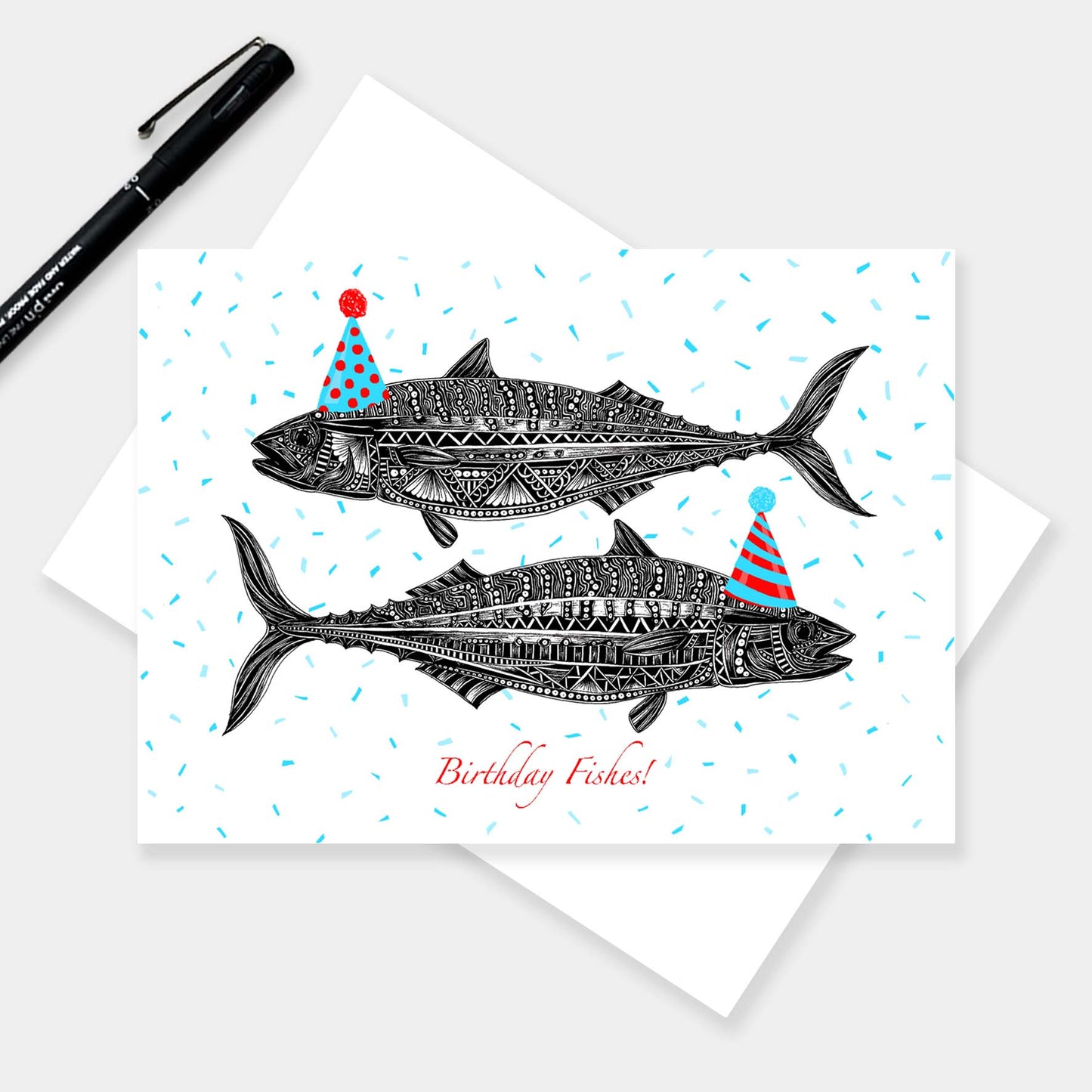 Whimsical fish birthday greetings card originally hand drawn in pen and ink by Pia Elliot in her Dorset studio