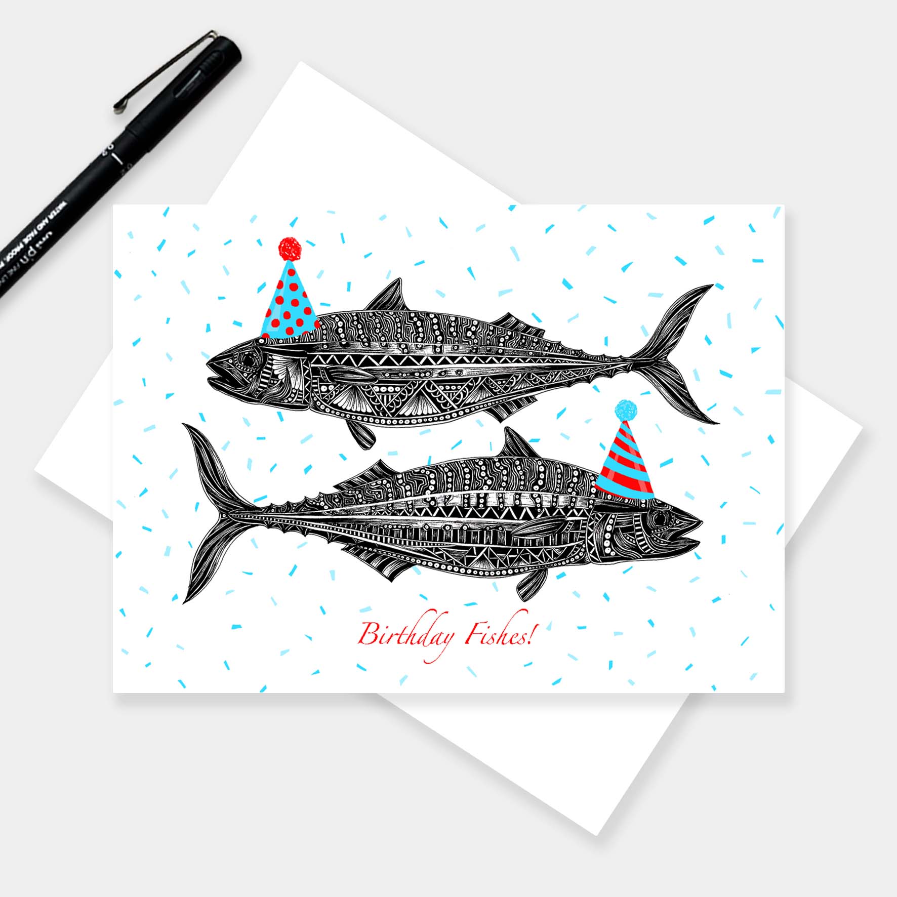 Whimsical fish birthday greetings card originally hand drawn in pen and ink by Pia Elliot in her Dorset studio
