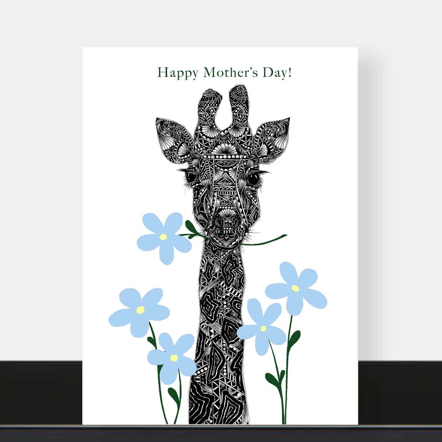Whimsical giraffe Mothers Day greetings card originally hand drawn in pen and ink by Pia Elliot in her Dorset studio
