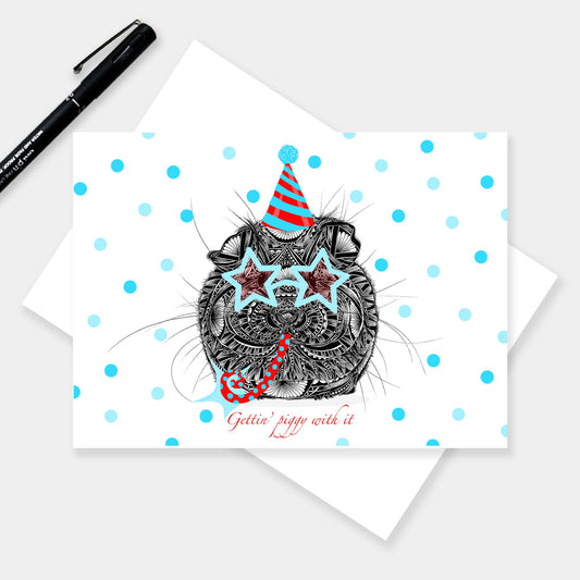 Whimsical guinea pig birthday greetings card originally hand drawn in pen and ink by Pia Elliot in her Dorset studio