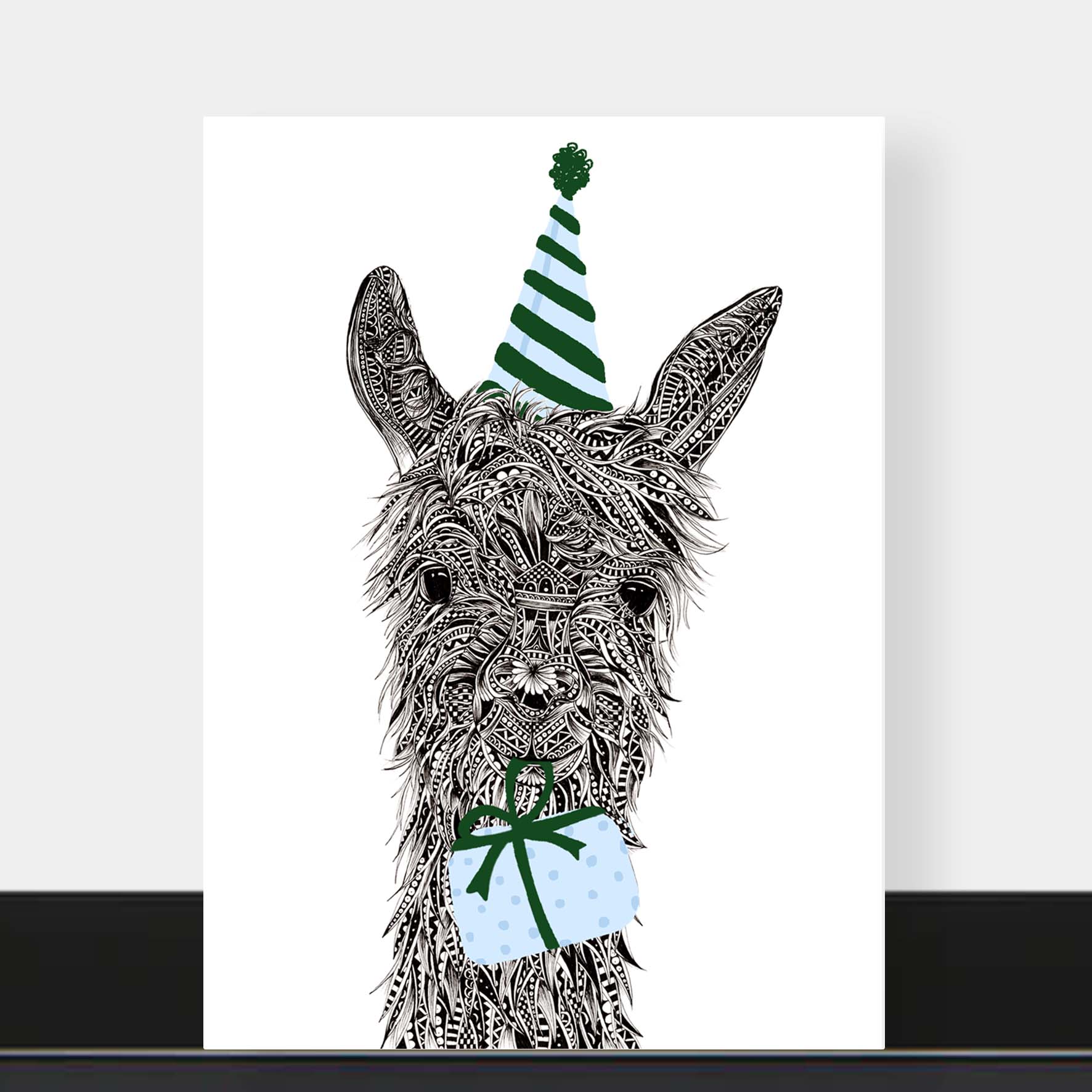 Whimsical llama birthday greetings card originally hand drawn in pen and ink by Pia Elliot in her Dorset studio