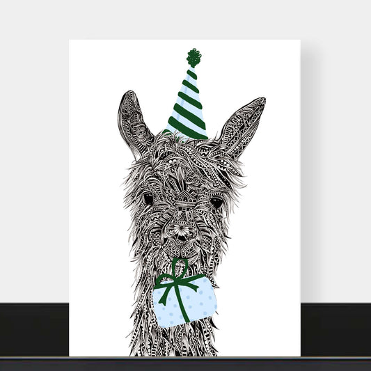 Whimsical llama birthday greetings card originally hand drawn in pen and ink by Pia Elliot in her Dorset studio
