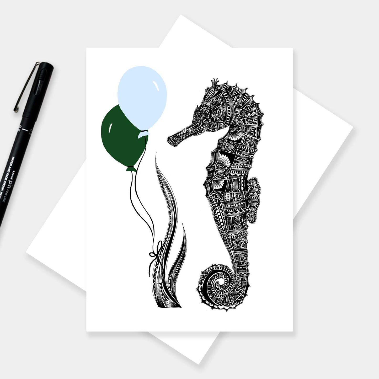 Whimsical seahorse birthday greetings card originally hand drawn in pen and ink by Pia Elliot in her Dorset studio