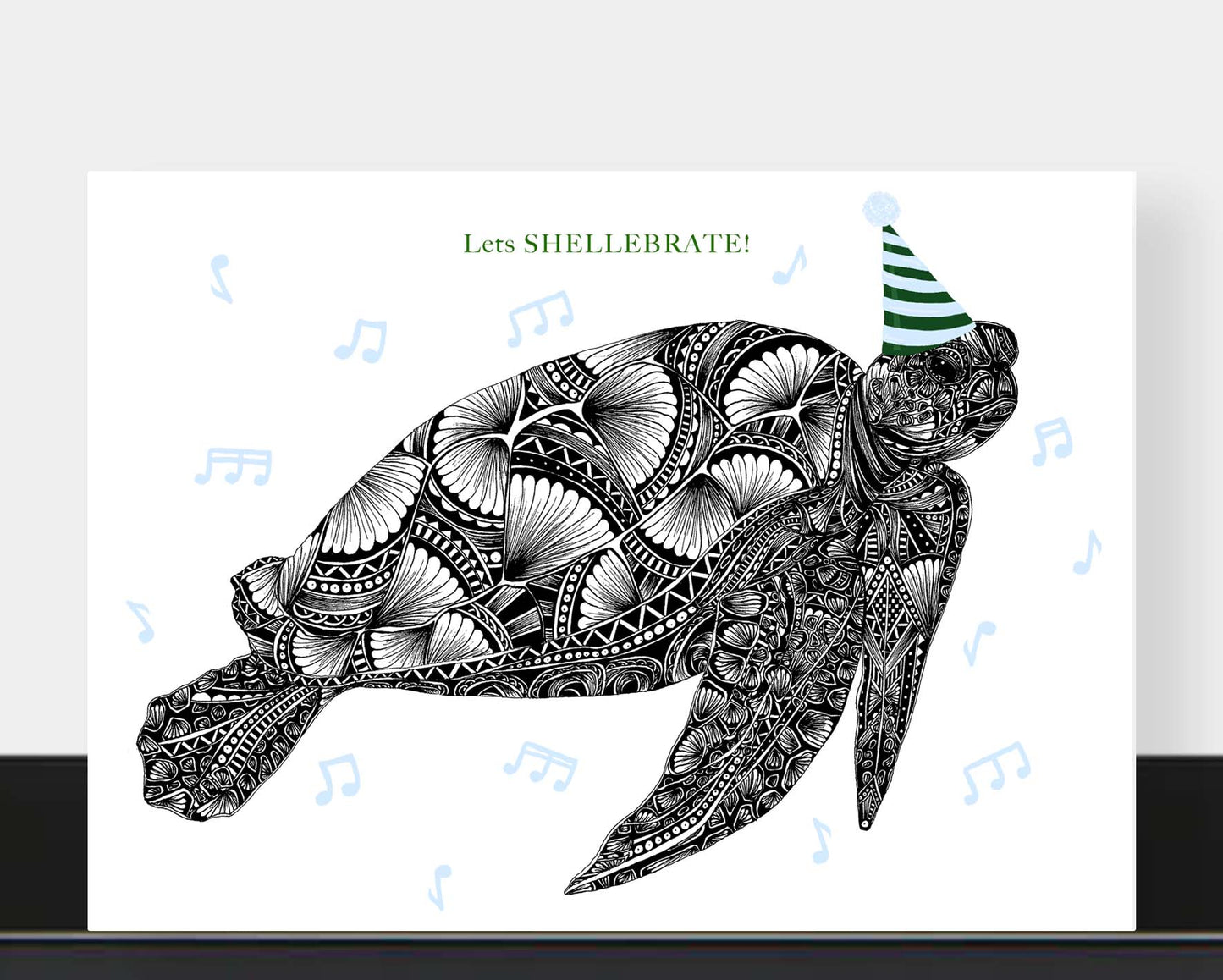 Whimsical turtle celebration greetings card originally hand drawn in pen and ink by Pia Elliot in her Dorset studio