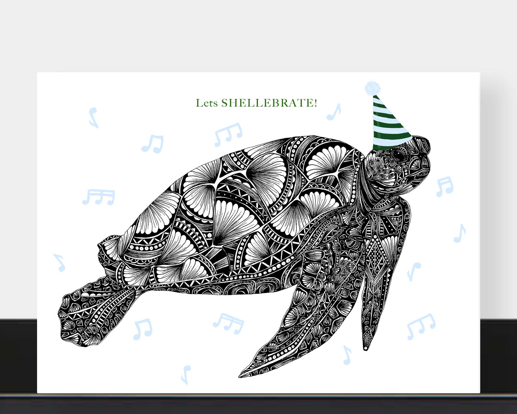 Whimsical turtle celebration greetings card originally hand drawn in pen and ink by Pia Elliot in her Dorset studio