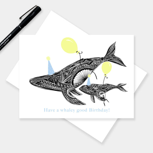 Whimsical whale birthday greetings card originally hand drawn in pen and ink by Pia Elliot in her Dorset studio