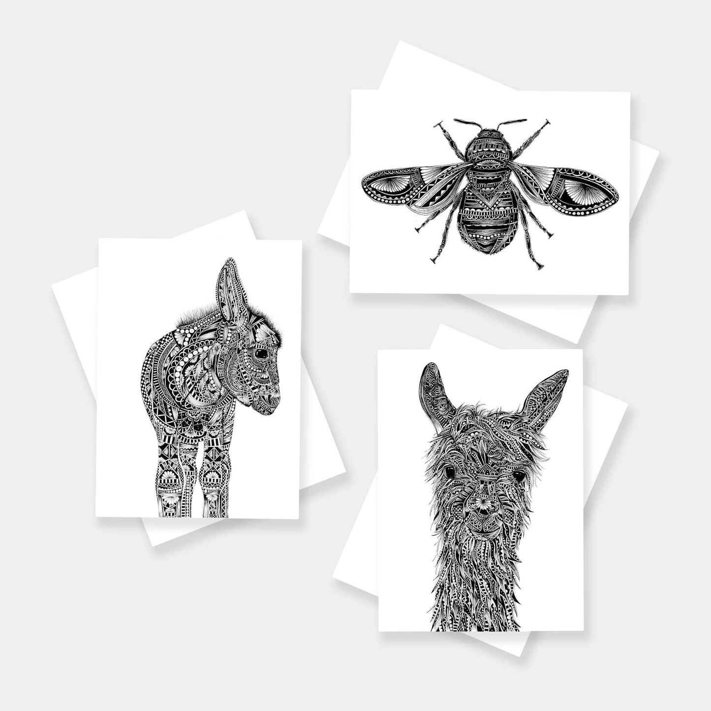 Monochrome blank animal greetings cards originally hand drawn in pen and ink by Pia Elliot in her Dorset studio
