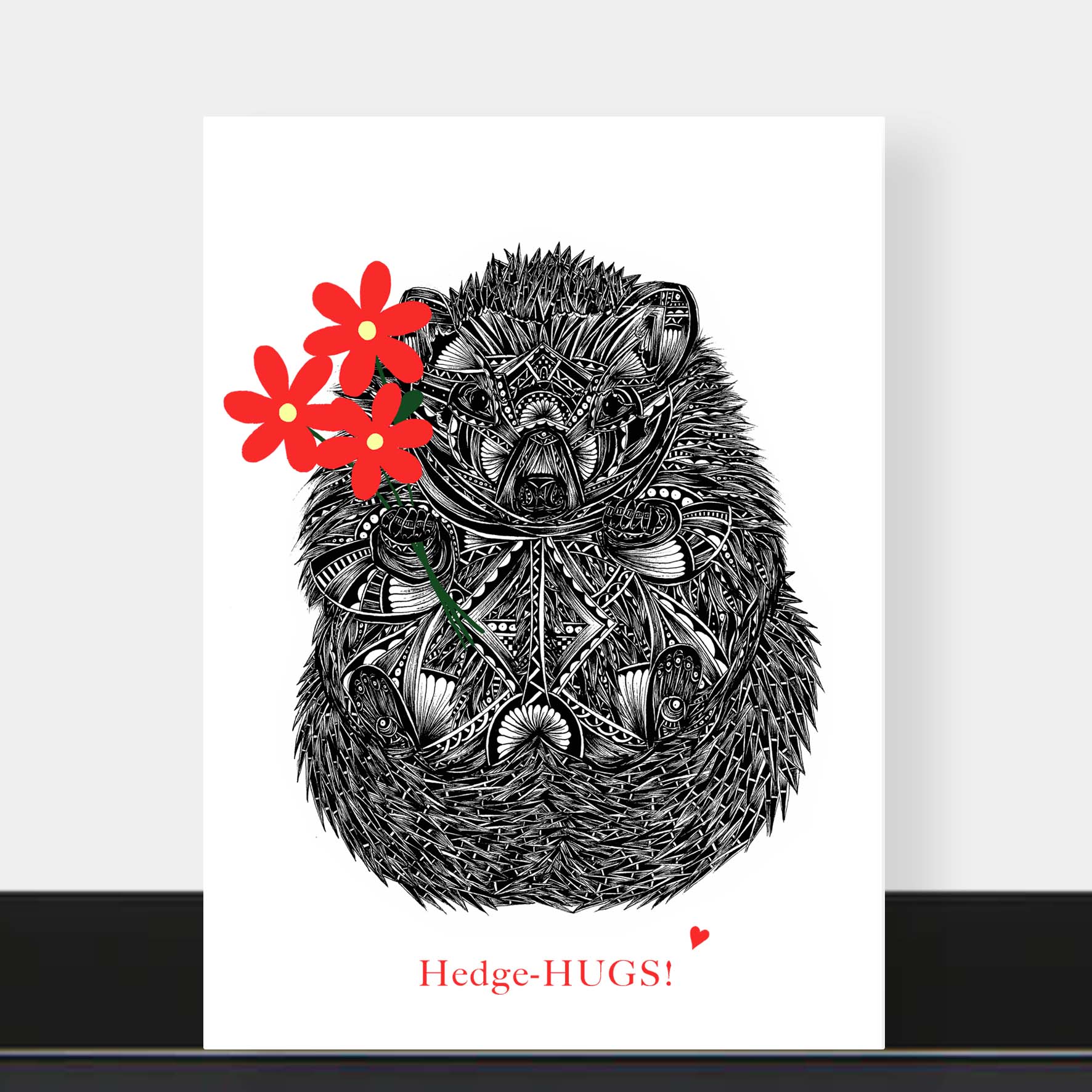 Hedgehog love greetings card originally hand drawn in pen and ink by Pia Elliot in her Dorset studio
