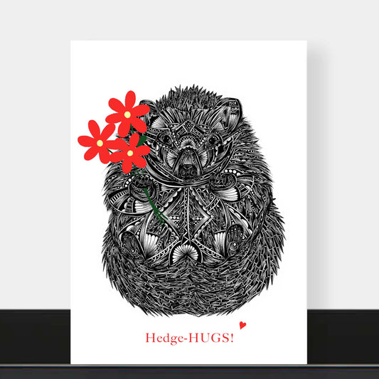 Hedgehog love greetings card originally hand drawn in pen and ink by Pia Elliot in her Dorset studio