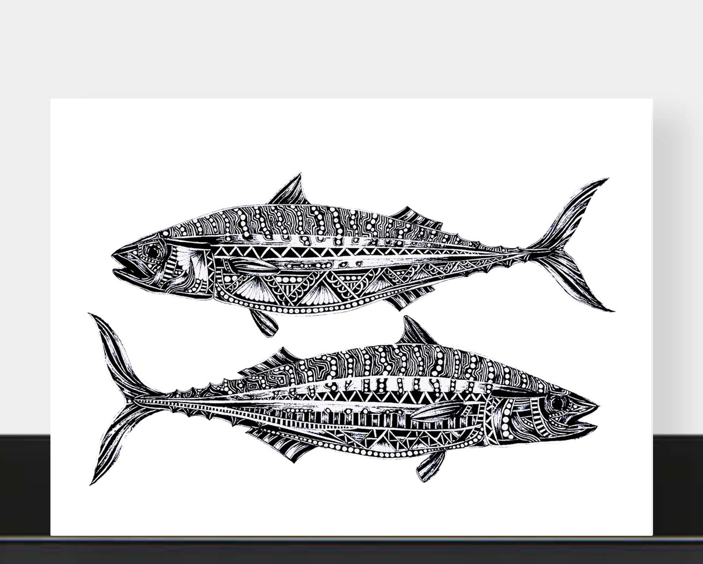 Monochrome blank mackerel fish greetings card originally hand drawn in pen and ink by Pia Elliot in her Dorset studio