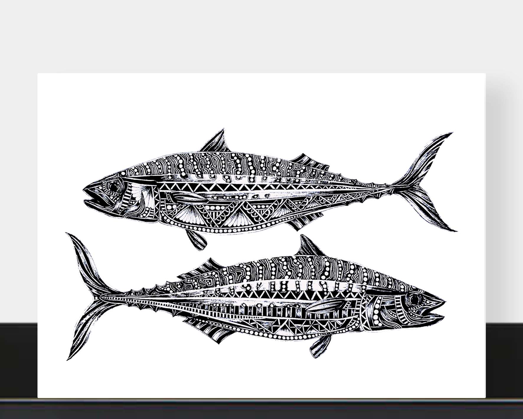 Monochrome blank mackerel fish greetings card originally hand drawn in pen and ink by Pia Elliot in her Dorset studio