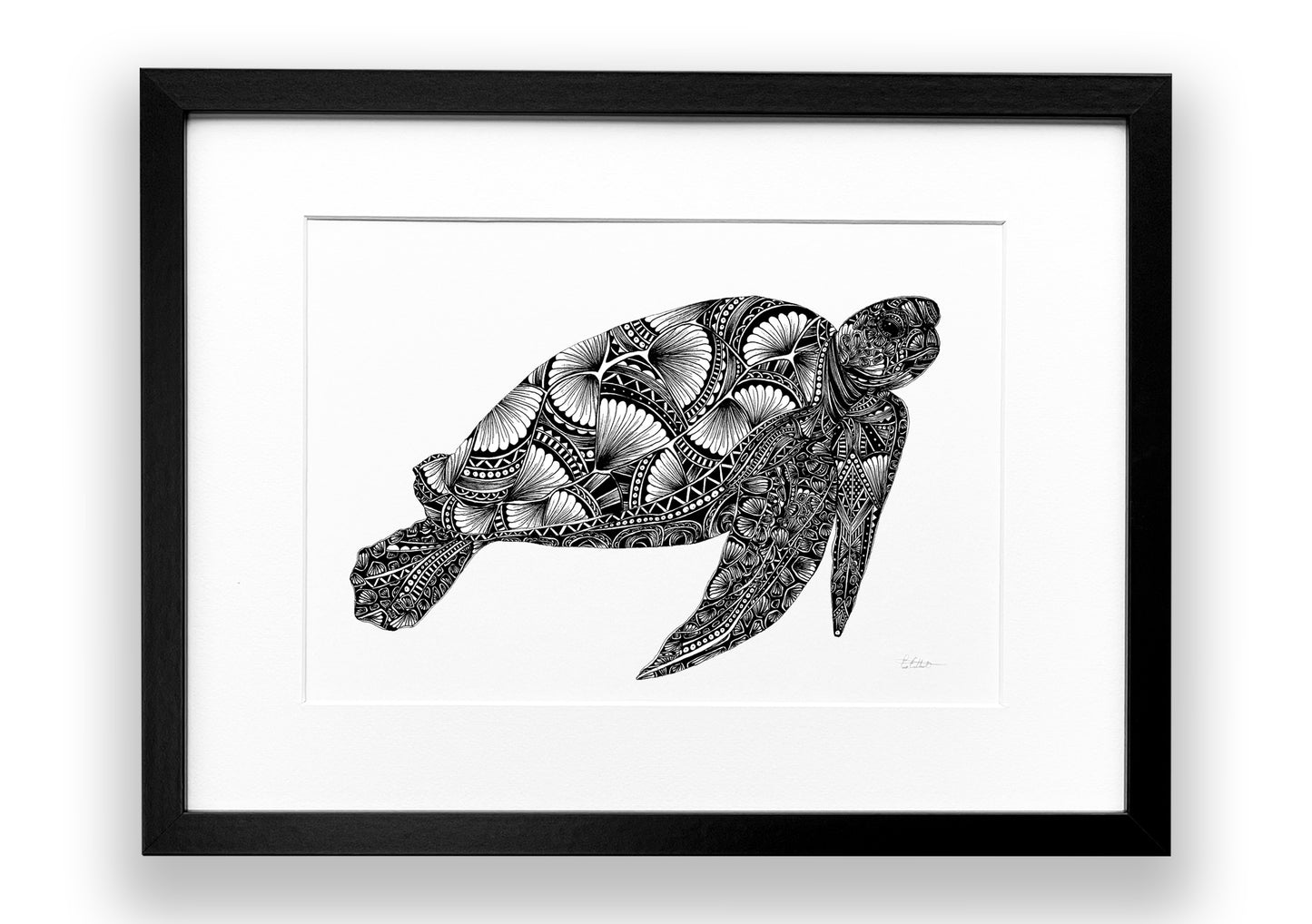 Framed black and white illustration of a turtle with intricate patterns on a white background