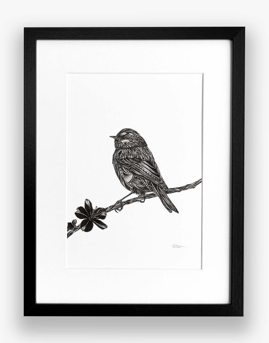 Framed black and white illustration of a bird on a branch with a flower.