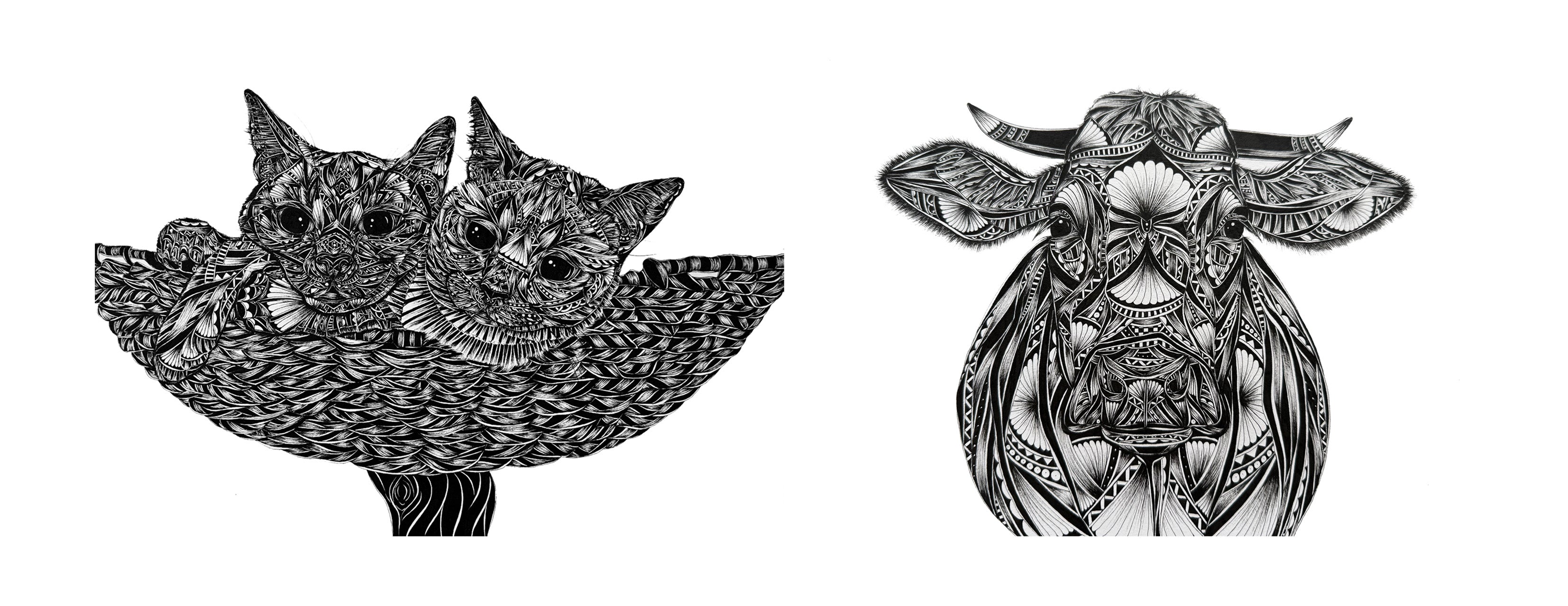 Two intricately designed black and white illustrations of cats and a cow on a white background.