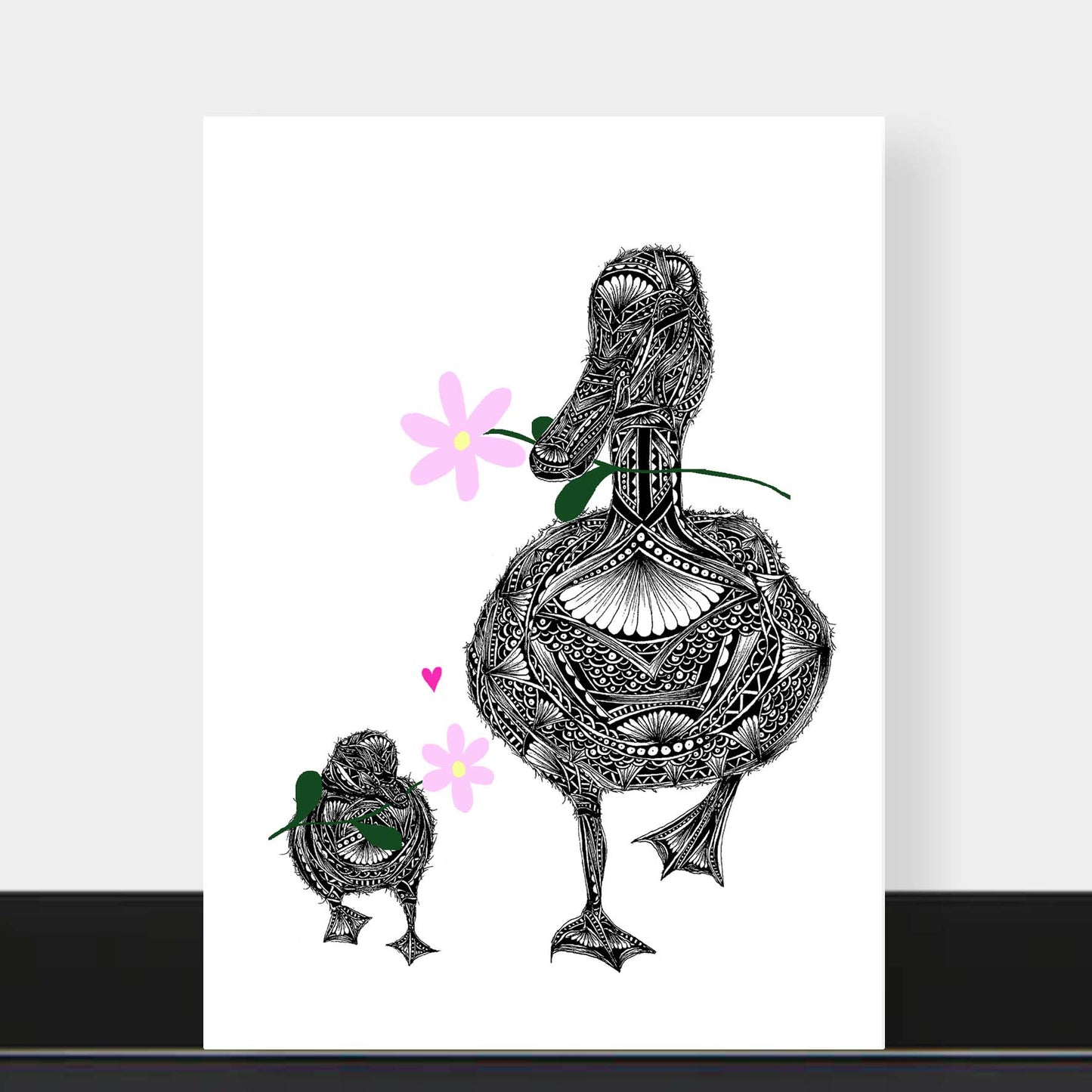 Floral duck celebration greetings card originally hand drawn in pen and ink by Pia Elliot in her Dorset studio