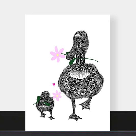 Floral duck celebration greetings card originally hand drawn in pen and ink by Pia Elliot in her Dorset studio