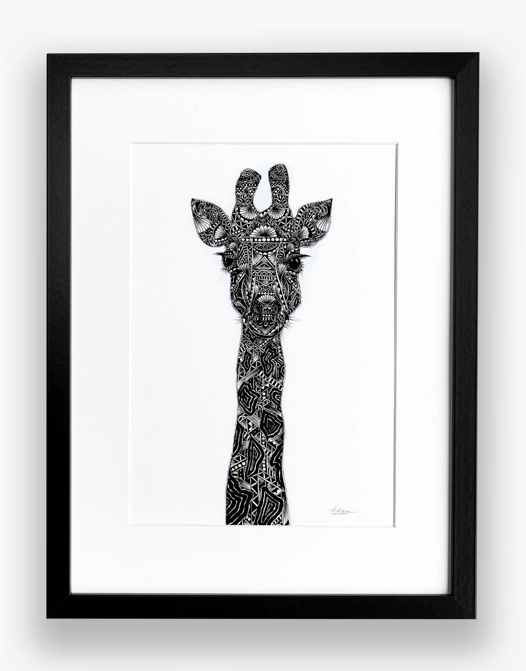 Framed black and white illustration of a giraffe's head on a white background