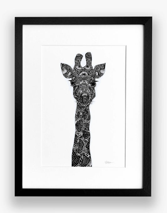 Framed black and white illustration of a giraffe's head on a white background