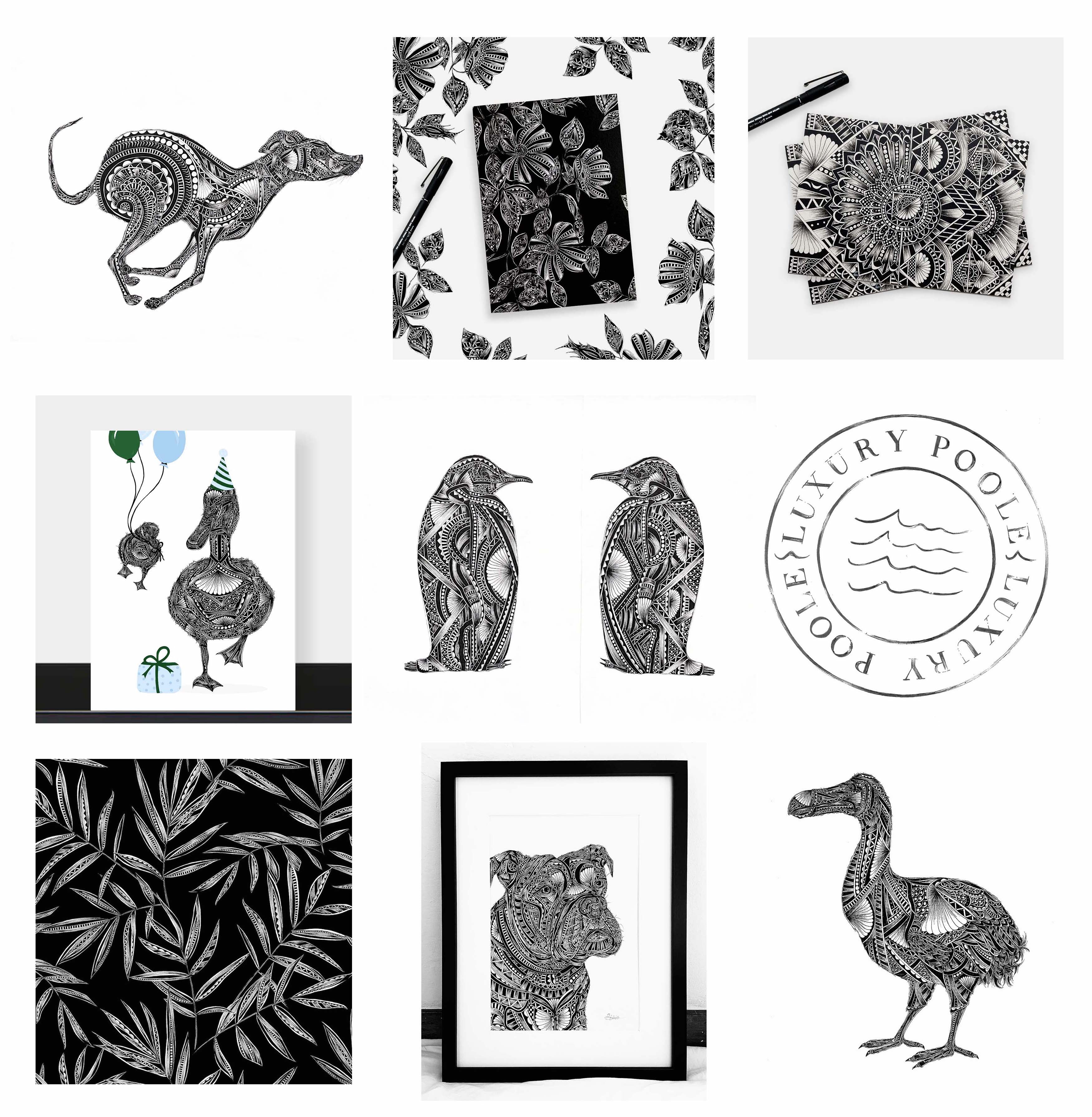 Hand drawn, pen and ink commissioned artworks of wildlife and animals by Pia Elliot from her Dorset studio