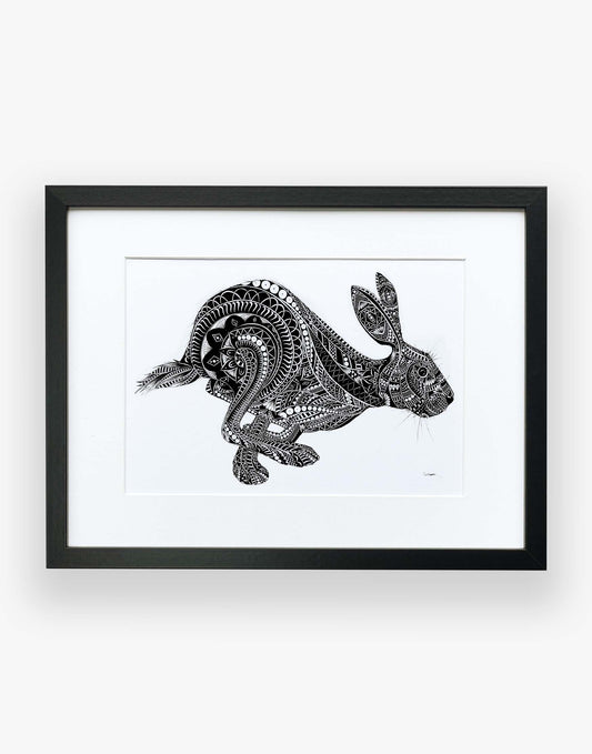 Monochrome, running hare, limited edition artwork, hand drawn in pen and ink by Pia Elliot in her Dorset studio