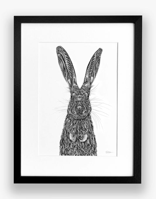 Framed black and white illustration of a hare on a white background
