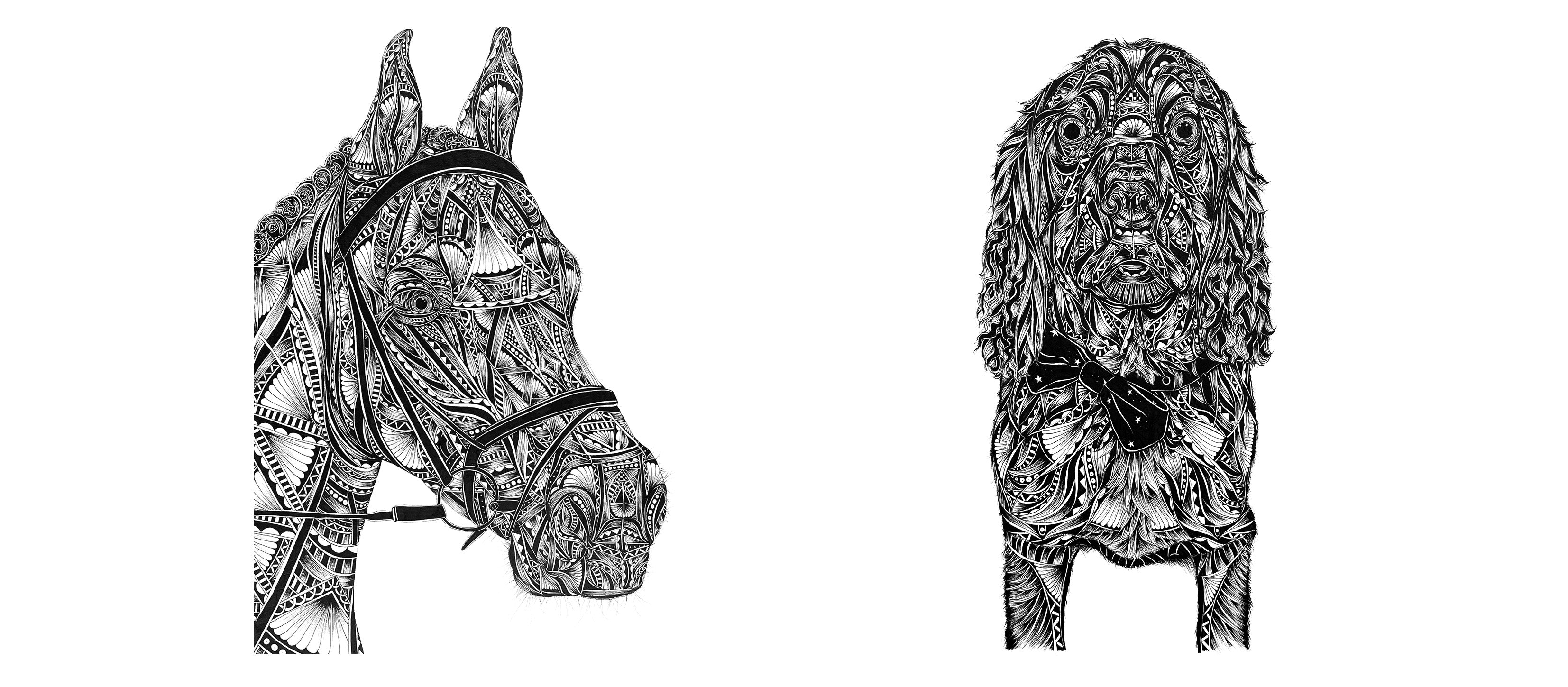 Separate detailed black and white patterned illustrations of horse and dog 