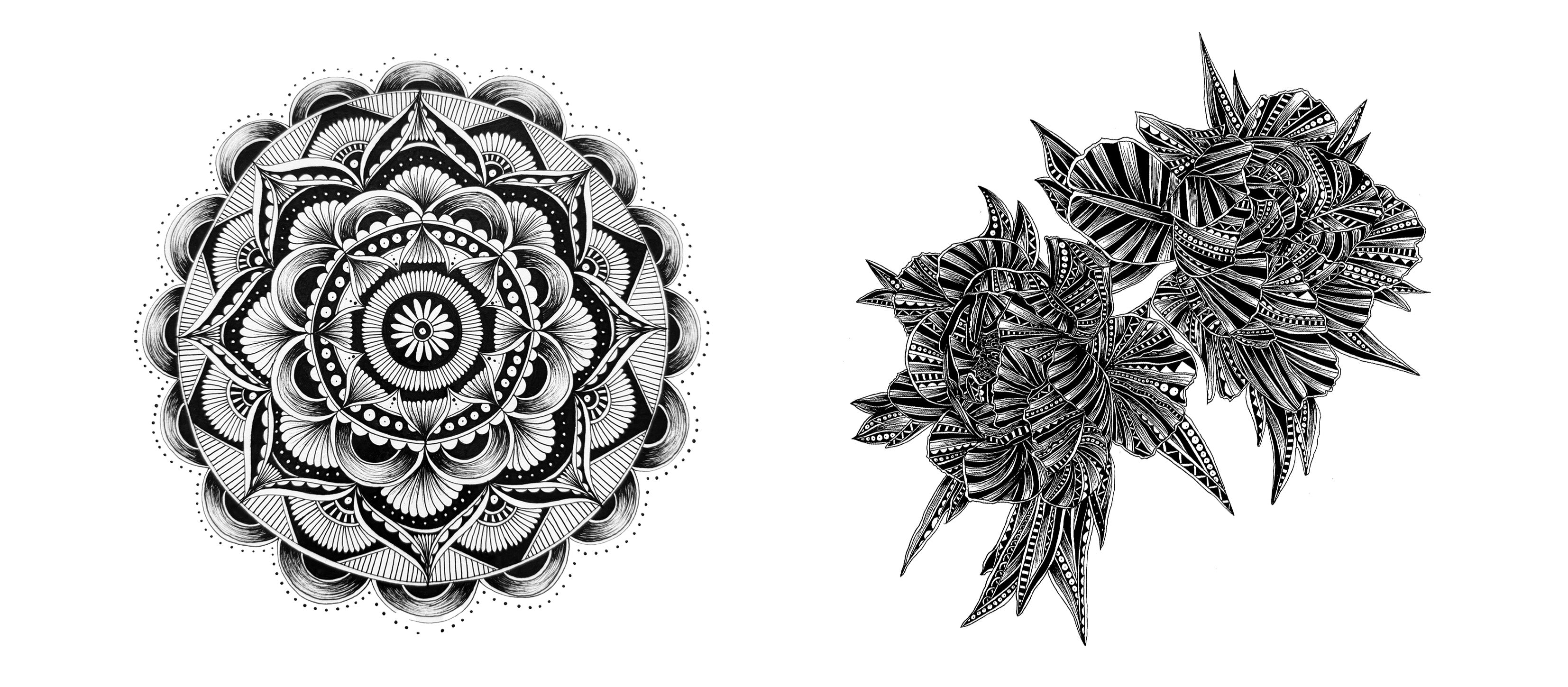 Black and white mandala and floral illustrations on a white background