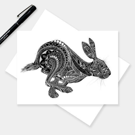 Monochrome blank hare greetings card originally hand drawn in pen and ink by Pia Elliot in her Dorset studio