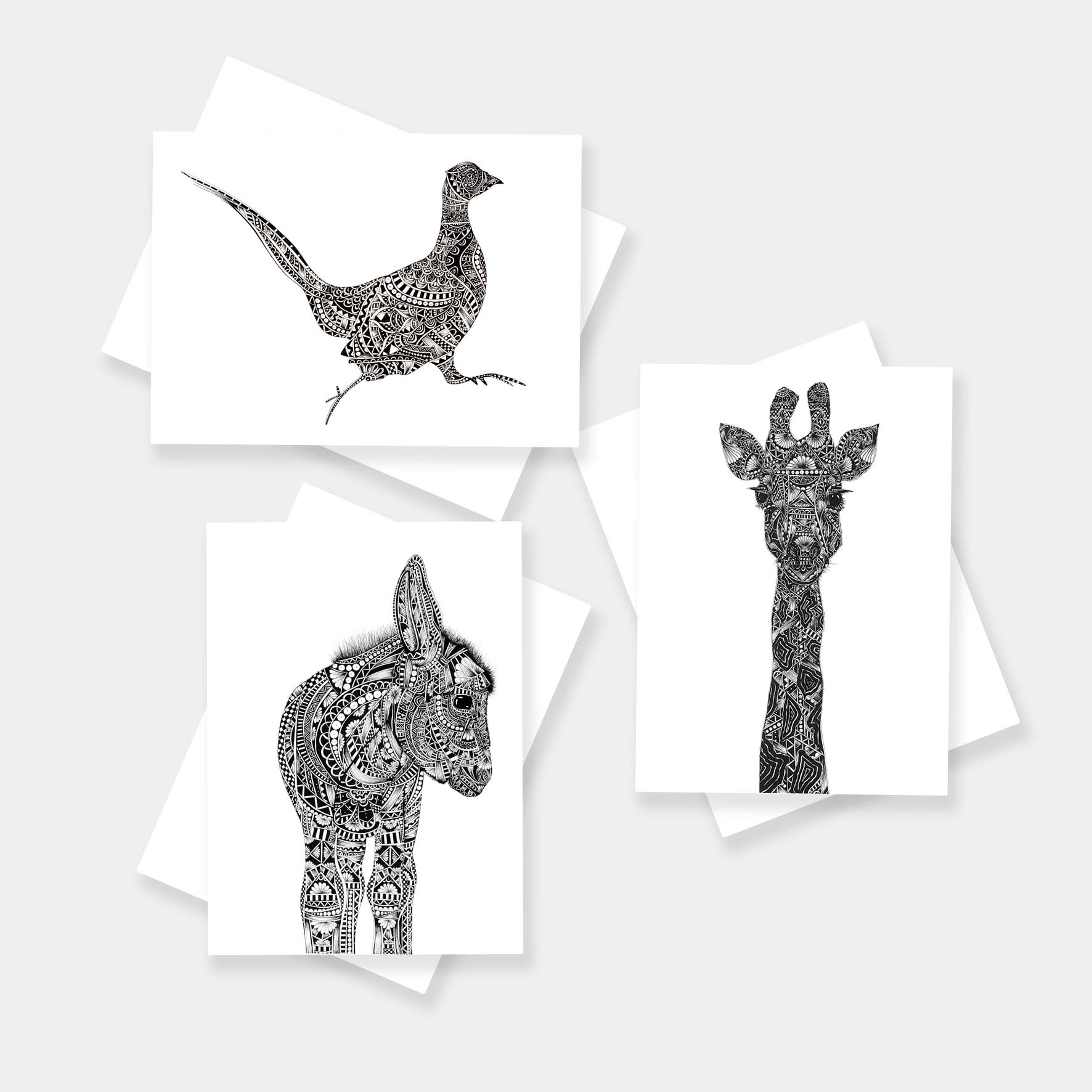 Monochrome blank animal greetings cards originally hand drawn in pen and ink by Pia Elliot in her Dorset studio