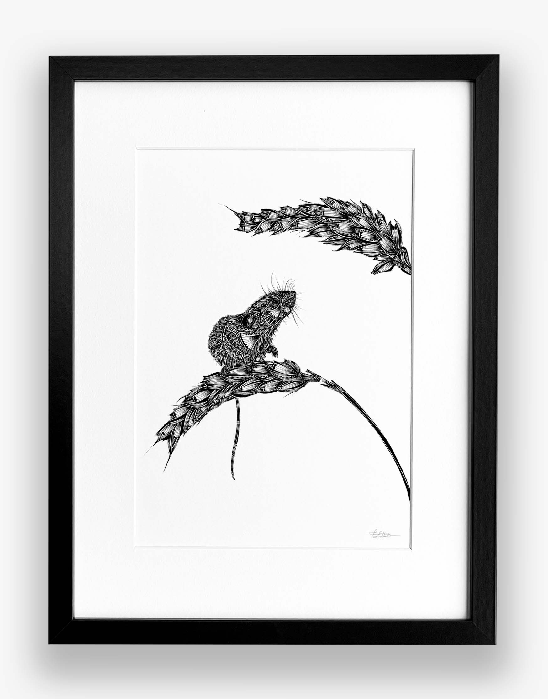 black and white artwork of a mouse on a wheat sheaf with a white background