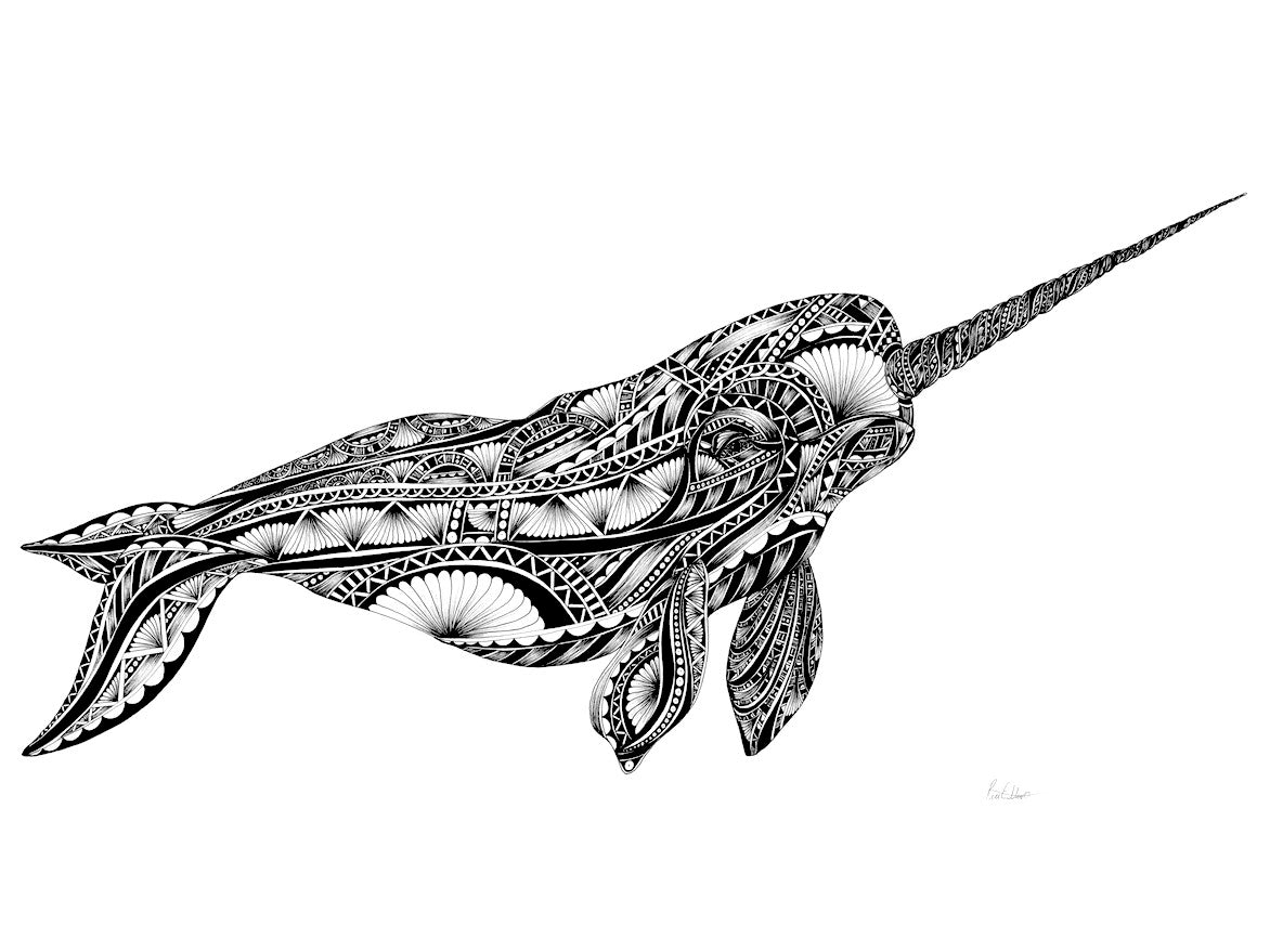 Decorative black and white  bespoke illustration of a narwhal with intricate patterns.