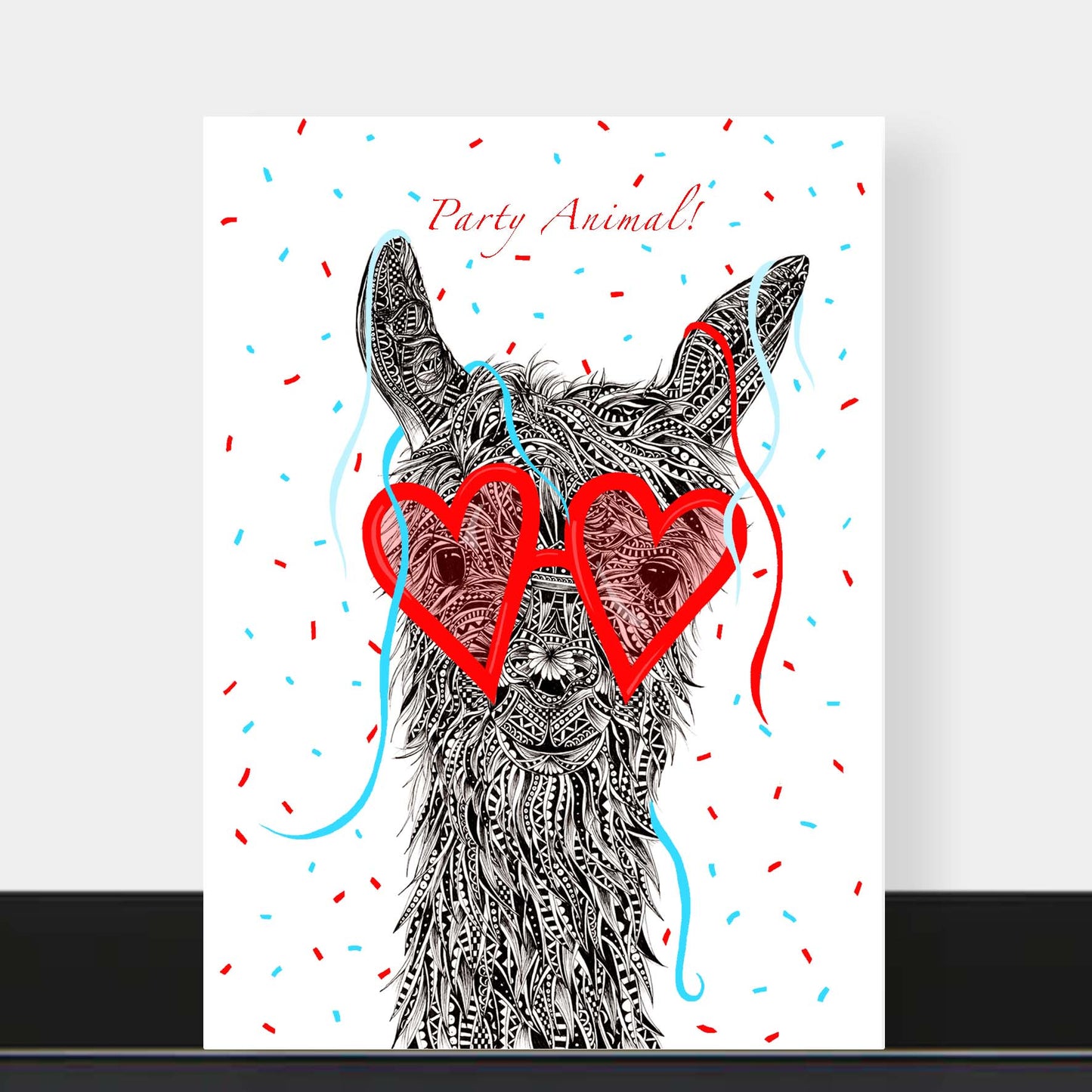 Whimsical party llama birthday greetings card originally hand drawn in pen and ink by Pia Elliot in her Dorset studio