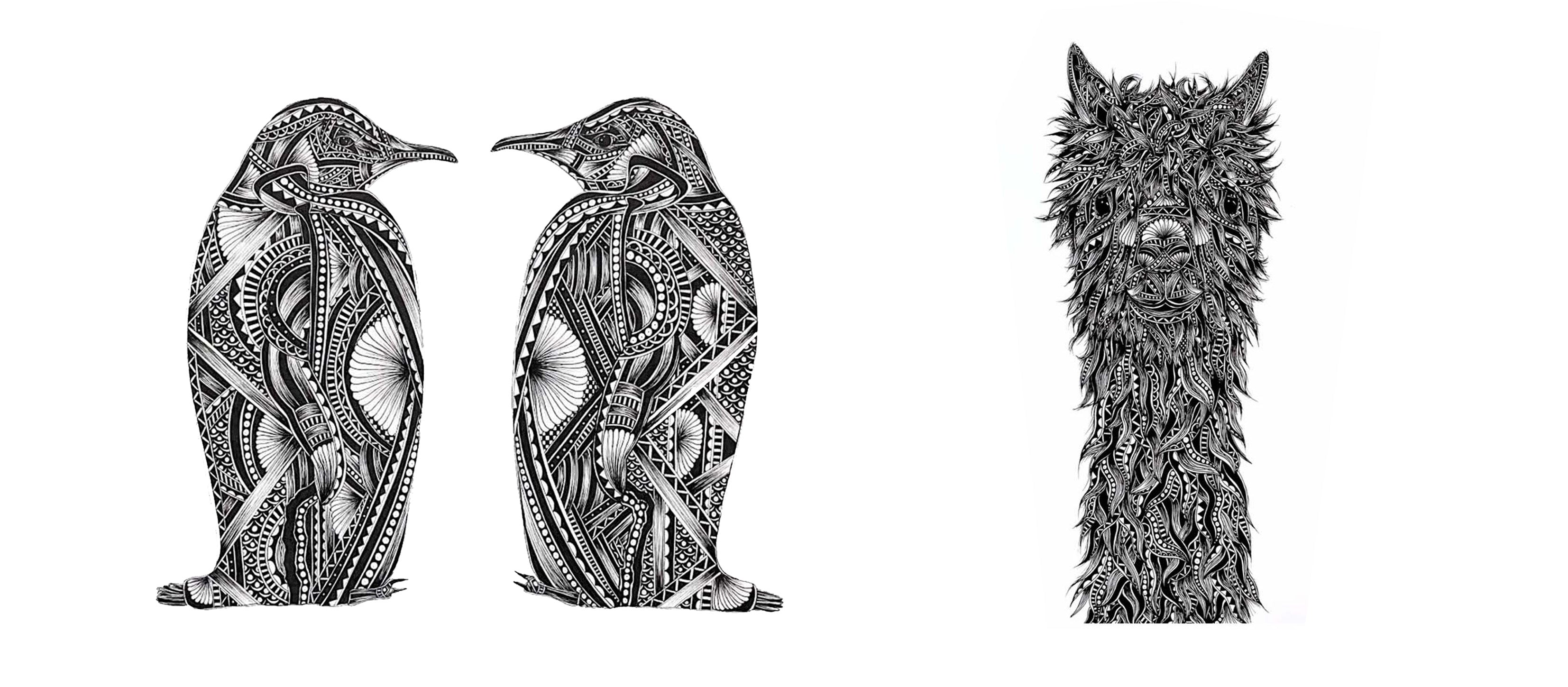 Two intricately patterned penguins and a alpaca on a white background