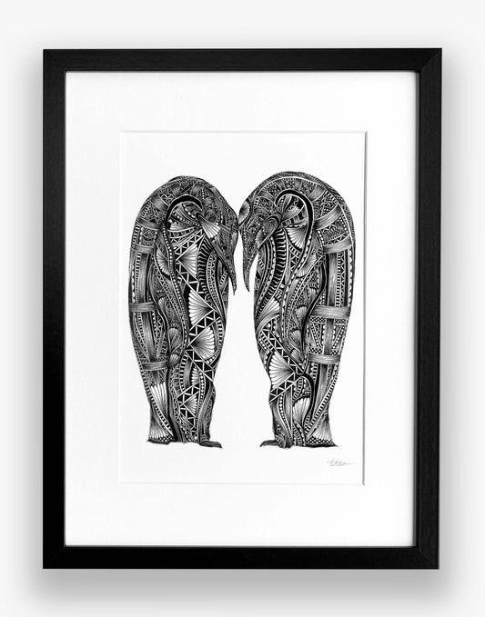 Framed black and white artwork of penguins on a white background