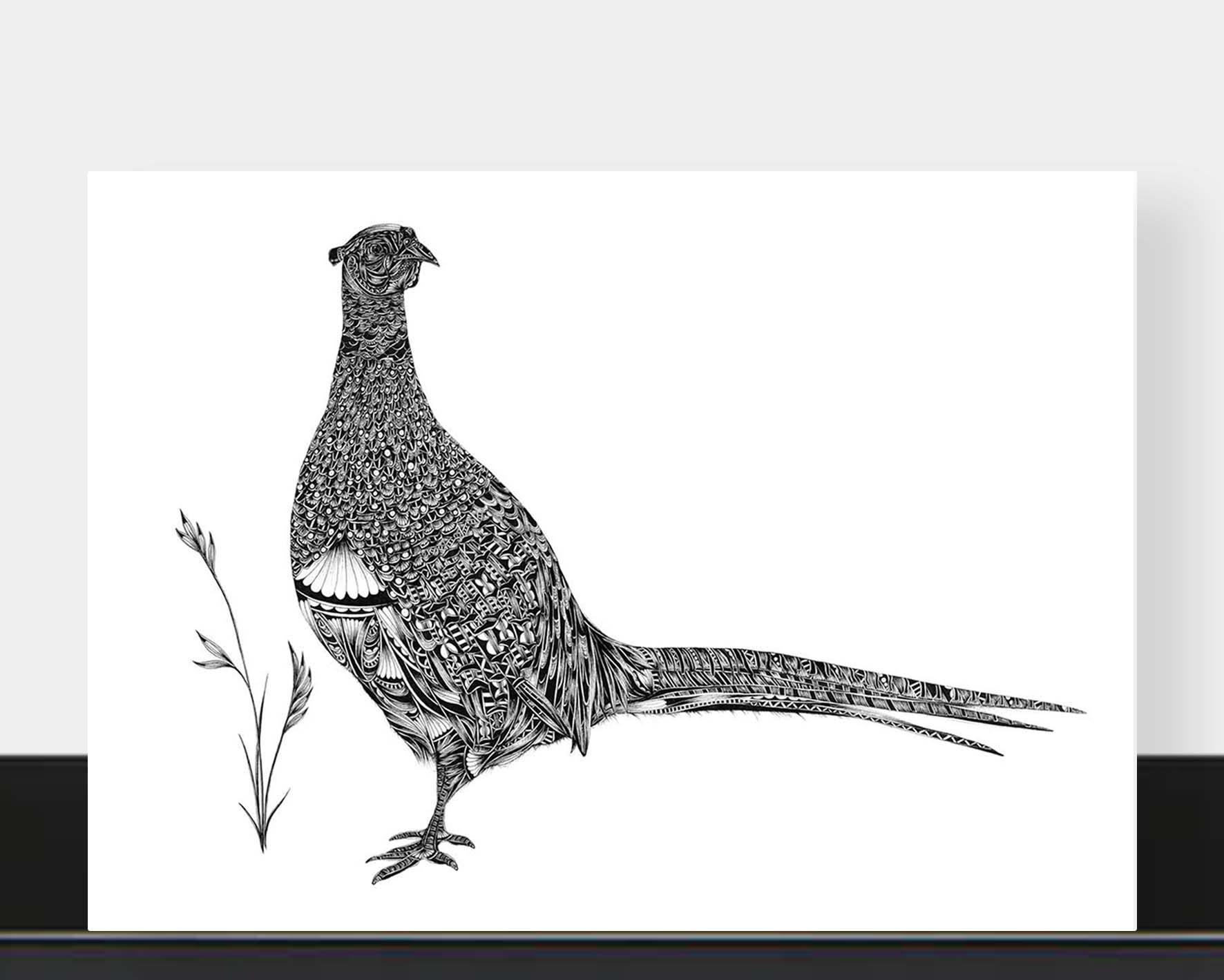 A black and white art print of a detailed pheasant bird illustration with a long tail, displayed against a light gray background with a black base.