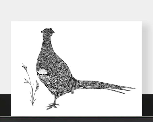 A black and white art print of a detailed pheasant bird illustration with a long tail, displayed against a light gray background with a black base.