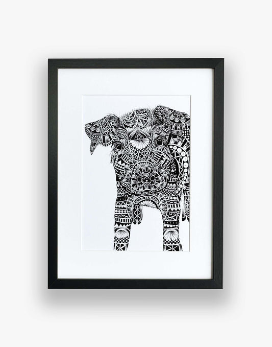 Monochrome, pig, limited edition artwork in black frame, hand drawn in pen and ink by Pia Elliot in her Dorset studio