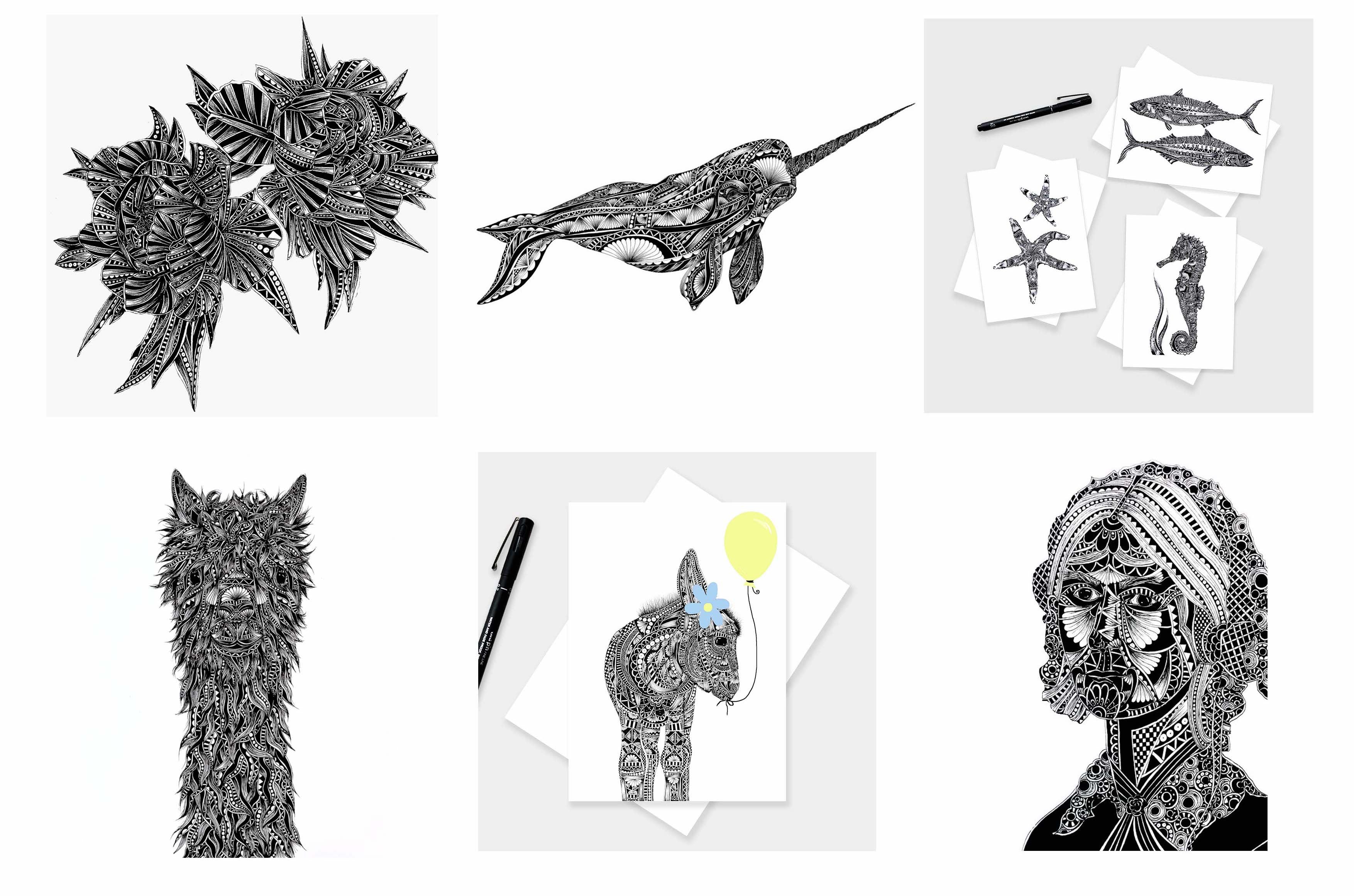 a selection of illustrations by Pia Elliot of commission work and past project work